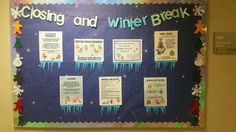 Closing and Winter Break RA Bulletin Board. RA ideas Winter Closing Bulletin Board Ra, Winter Break Bulletin Board, Ra Bulletin Boards Winter, Bulletin Boards Ra, Bulletin Board Winter, Ra Decorations, Res Life Bulletin Boards, Resident Assistant Bulletin Boards, December Bulletin Boards