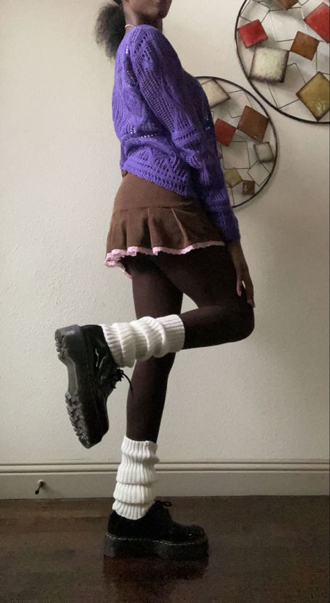 Purple cardigan and white cami with brown y2k pink lace trim skirt paired with tights and leg warmers with platform docs Leg Warmers Aesthetic, Warmers Outfit, Platform Docs, Lace Trim Skirt, Leg Warmers Outfit, Fairy Grunge Aesthetic, Brown Y2k, Guts Tour, Plum Pudding