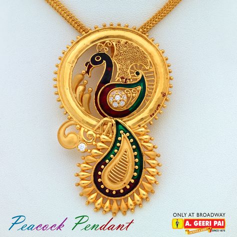 Peacock Pendant For price enquiries use the following link: http://goo.gl/cBBaou http://www.facebook.com/AGeeriPaiBroadway #Geeripai #ageeripai #gold #goldjewellery #jewellery #Diamond Gold Peacock Pendant, Silver Anklets Designs, Gold Peacock, Pendant Designs, Peacock Pendant, Gold Earrings Models, Anklet Designs, Geometric Pattern Art, Gold Mangalsutra Designs