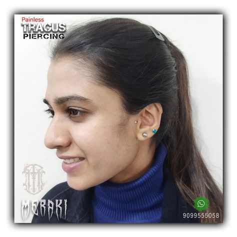 Tragus piercing tragus piercings look great on pretty much everyone. #traguspiercing #tragus #earpiercing #earpiercingideas #piercingstudio #piercing #piercers #pierced #piercingshop #piercingartist #earrings #merakitattooahmedabad #merakitattooindia #piercingoftheday #piercingofinstagram #painless #painlesspiercing #safe #vastrapur #ahemdabad #gujrat #india visit studio for painless & safe body piercing contact us call/whatsapp : 9099555058 Bugudi Ear Piercing, Helix Piercing Indian, Indian Piercing Ear, Maharashtrian Ear Piercing, Hindu Nose Piercing, Piercing Shop, Piercing Studio, Tragus Piercings, Tragus