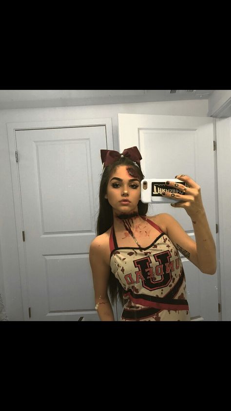 Halloween Cheerleader Makeup, Dead Cheerleader Makeup, Dead Cheerleader Costume, Zombie Football Player Costume, Cheerleader And Football Player, Zombie Cheerleader Makeup, Zombie Cheerleader Halloween Costume, Zombie Cheerleader Halloween, Zombie Cheerleader Costume