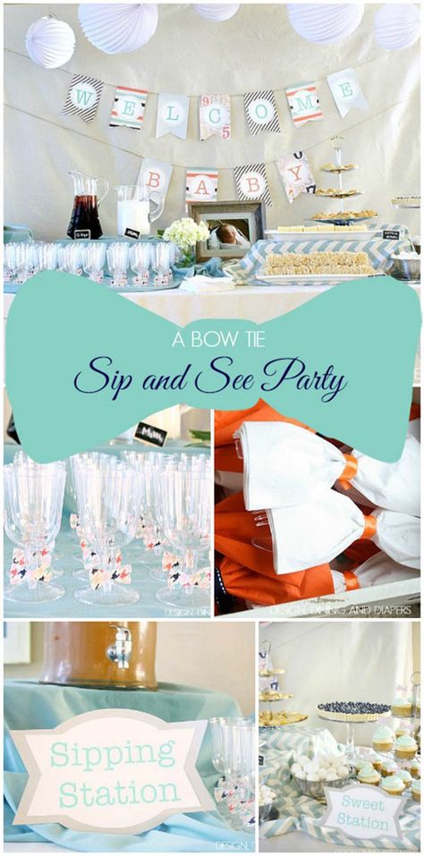 Lovely Sip And See Party Ideas! Bow tie is the cutest Baby Boy Sip And See, Sip And See Party, Sip N See, Welcome Baby Party, Baby Shower Ideas For Boys, Snack Station, Sweet Station, Sip And See, Trendy Baby Shower Ideas