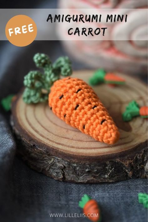 Amigurumi mini carrot is such a fun little thing to make. Discover my free pattern. Attach the carrot between the paws of an amigurumi bunny, or turn it into a brooch or a baby toy. The small carrot is made in one piece using only a small amount of yarn and fiberfill stuffing. The thinner yarn you use, the smaller carrot you get. Mini Carrots, Food Pattern, Easter Crochet Patterns, Pola Amigurumi, Food Patterns, Crochet Food, Easter Crochet, Crochet Diy, Crochet Bunny