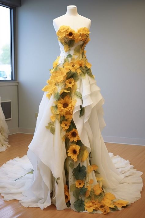 Sunflower Princess Dress, Sunflower Fashion Design, Sun Flower Wedding Dress, Sunflower Aesthetic Clothes, Garden Themed Dress, Weird Dresses Unique, Dresses That Look Like Flowers, Sunflower Prom Dress, Flower Themed Dress