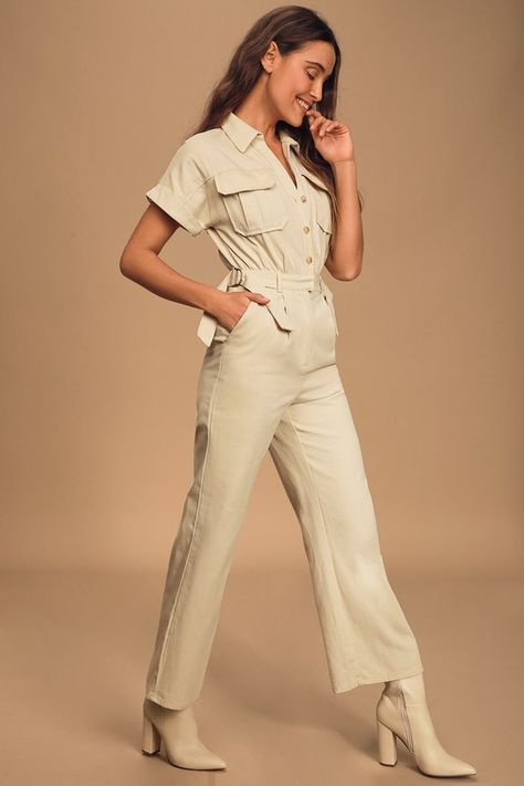 Spread the Word Beige Button 59.00 USD Jumpsuit Utility, Lulus Jumpsuit, Beige Jumpsuit, Trendy Cocktail Dresses, Utility Jumpsuit, Suits Office, Jumpsuit Dressy, Cute Rompers, Mom Boss