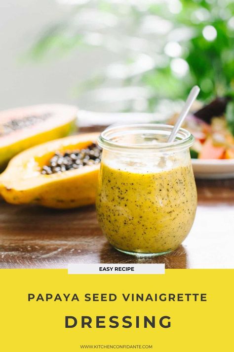 Papaya Seed Vinaigrette Dressing in a jar. Papaya Seed Dressing Recipe, Papaya Recipes, Easy Salad Dressing Recipes, Vinaigrette Dressing Recipe, Great Salad Recipes, Ginger Salad Dressings, Ripe Papaya, Seed Salad, Green Papaya Salad