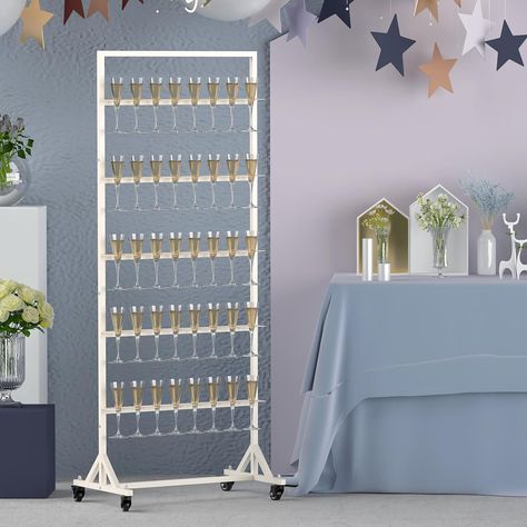 THYGIFTREE Champagne Wall Holder for Party, 5-Tier White Metal Champagne Flutes Display Stand Hold 40 Glasses with Swivel Casters for Wedding, Glasses Not Inc Champagne Glass Holder, Flute Stand, Glasses Display, Champagne Wall, Wall Holder, Swivel Casters, Wedding Glasses, Flute Glass, Glass Holders