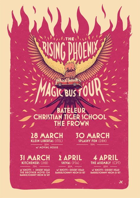 Rising Phoenix Magic Bus Tour Phoenix Graphic Design, Ian Jepson, Phoenix Magic, Phoenix Poster, Graphic Deisgn, Social Contract, Bus Tour, Phoenix Rising, Creative Graphic Design