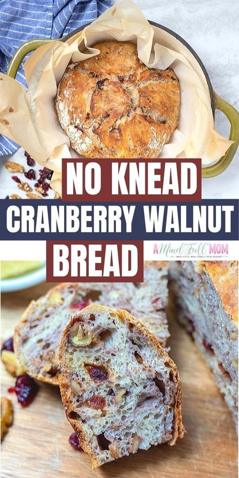 There is nothing better than a slice of this Cranberry Walnut Bread when it is warm from the oven! Sweet and chewy, studded with dried cranberries and walnuts, this bread is the perfect base for sandwiches, breakfast casseroles, or just to eat toasted. This no knead dutch oven bread may take a bit of time to make, but it is almost completely hands off. This No Knead Cranberry Walnut Bread is a copycat version of Panera and so easy to make a home! Not to mention cheaper! Dutch Oven Breads, Cranberry Nut Bread, Walnut Bread Recipe, Cranberry Walnut Bread, Easy Bread Machine Recipes, Bread Machine Bread, Oven Bread, Dutch Oven Bread, Artisan Breads