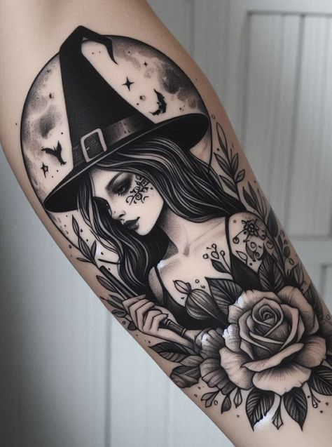 Witch Women Tattoo, Pretty Witch Tattoo, Dark Witch Tattoo, Witch Tattoos For Women, Witch Tattoo Sleeve, Witchy Sleeve, Horror Leg Sleeve, Witch Tattoo Ideas, Forearm Name Tattoos