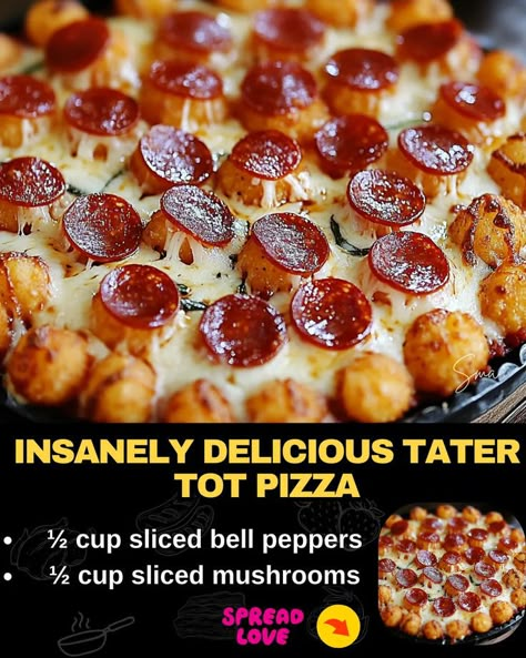 Insanely Delicious Tater Tot Pizza: A Slice of Heaven! Tater Tot Pizza, Tater Tot Appetizers, Bacon Cheeseburger Meatloaf, Tater Tot Hotdish, Tater Tot Recipes, Greek Appetizers, Mexican Casserole Recipe, Chicken Parmesan Pasta, Diy Pizza