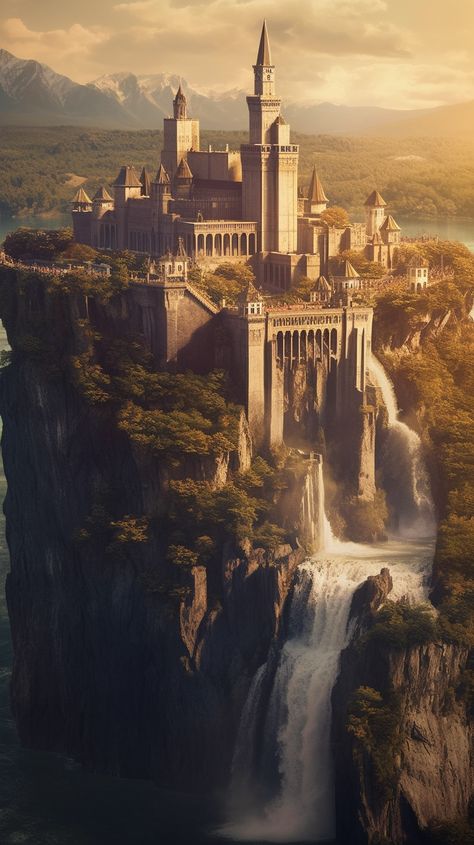 A castle on top of a waterfall is an artwork made possible with Midjourney AI. Castle On Top Of Mountain, Fantasy Castle Landscape, Waterfall Castle, Castle Waterfall, Castle Scenery, Castles Of The World, Cool Castles, Beautiful Kingdom, Castle With Waterfall