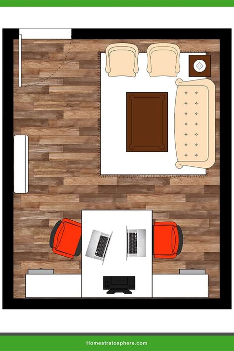 This is the floor plan for the "Crafting Collaboration" layout. As the name suggests, it is perfect for collaborating. The seating space and the workstations are separate but flow into one another seamlessly. Tap to view the rest of the home office layouts. #HomeOfficeFloorPlan #HomeOfficeLayout  #HomeOfficeIdeas Diy Closet Desk, Small Home Office Layout, Corporate Office Furniture, Office Layouts, Office Layout Ideas, Closet Desk, Home Office Layouts, Traditional Home Office, Small Office Design