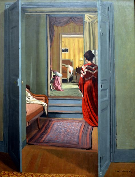 Felix Vallotton - Interieur avec femme en rouge de dos, 1903 at Kunsthaus Zürich - Zurich Switzerland Joseph Ducreux, Woodcut Printing, Felix Vallotton, Thomas Gainsborough, Jean Arp, Aubrey Beardsley, Woman In Red, Pierre Bonnard, Amedeo Modigliani