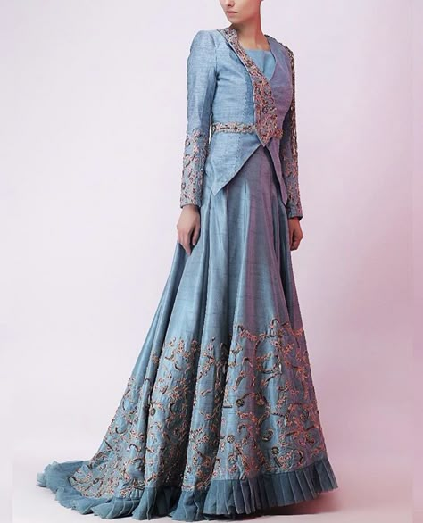 Dheeru and Nitika Ice Blue Embroidered Jacket with Lehenga #iceblue #jacket #embroidered #lehenga #blue #dheeruandnitika #perniaspopupshop Gown With Coat, Gown With Shawl, Lehenga Blue, Engagement Accessories, Asian Wedding Dress Pakistani, Long Blouse Designs, Indian Designers, Wedding Lehenga Designs, Asian Wedding Dress