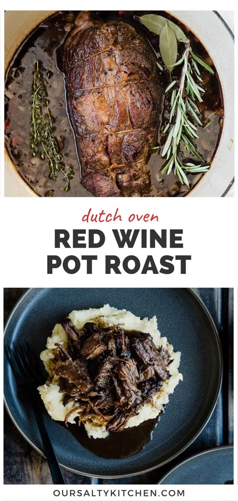 Pot roast is the definition of comfort food. Tender, fall apart chunks of chuck roast over mashed potatoes, smothered with red wine gravy? Yes please. As much as I love my slow cooker, I always braise my pot roast in the oven. You can't beat the texture and flavor that results from browning in a dutch oven on the stove top, and then slow roasting in the oven. Absolute perfection! While this meal is perfect for the holidays, don't save it for a special occasion - it's great for Sunday supper ... Red Wine Pot Roast Dutch Ovens, Beef Shoulder Roast Recipes Ovens, Red Wine Pot Roast Slow Cooker, Chuck Roast On Stove Top, Beef Chuck Roast Dutch Oven, Roast In Dutch Oven Beef, Braised Chuck Roast Dutch Ovens, Slow Roasted Beef Roast In Oven, Chuck Roast In Dutch Oven