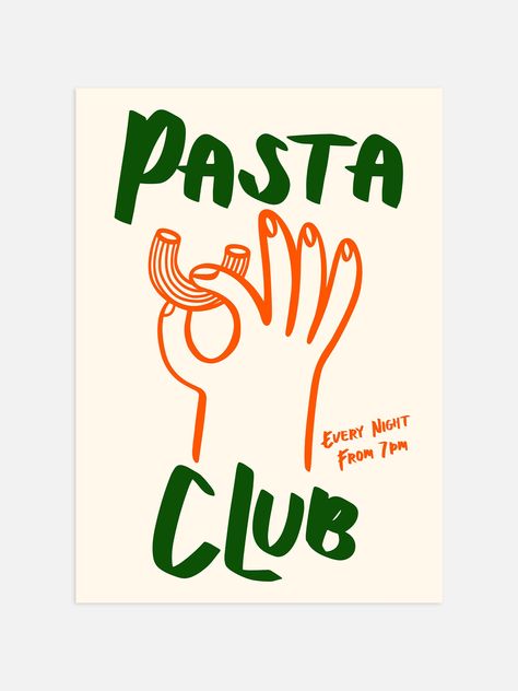 Introducing our mid-century inspired Pasta Club Print in red and blue. This unique print features a hand holding a piece of pasta, perfect for adding a touch of retro charm to any kitchen. Show off your love for pasta and add a fun twist to your decor. Get yours today! Bauhaus Print, Club Poster, Mid Century Scandinavian, Kitchen Posters, Print Ideas, Hand Holding, City Maps, Black And White Abstract, Green Stripes