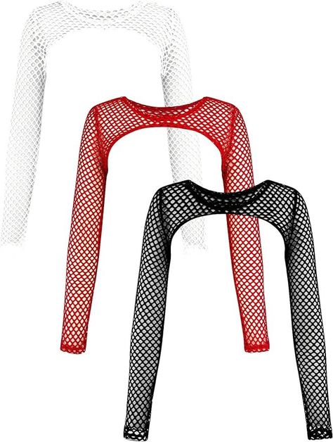 Verdusa Women's 3 Piece Hollow Out Fishnet Mesh Crop Top Long Sleeve Beach Cover Up at Amazon Women’s Clothing store Cropped Fishnet Top, White Fishnet Top, Fishnet Sleeves, Skz Concert, Techno Outfit, Fishnet Crop Tops, White Fishnets, Neon Outfits, Crop Top Long Sleeve