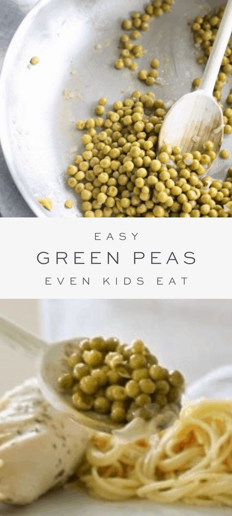 A simple green pea recipe your kids will love. Canned green peas offer a shortcut to cooking peas while butter, shallot, and white wine provide elegant flavor. It has never been so easy to get your kids to eat their greens! Can Peas Recipe, English Peas Recipe, Canned Peas, Green Peas Recipes, Creamed Peas, Pea Pesto, Sides Recipes, Julie Blanner, Stove Top Recipes