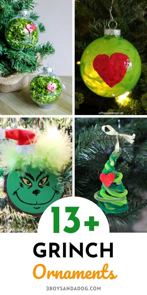 Ornaments Diy Kids, Grinch Crafts, Easy Ornaments, Grinch Christmas Tree, Heart Christmas Ornaments, Grinch Ornaments, Kids Christmas Ornaments, Fun Ornaments, Themed Christmas