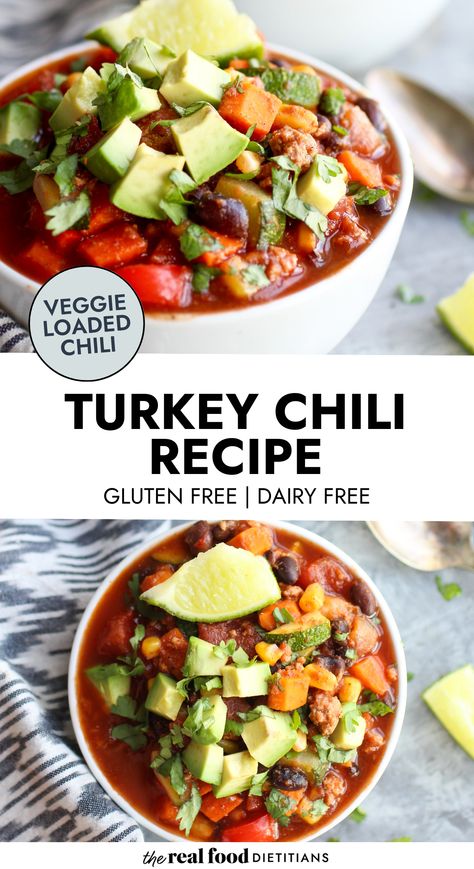 Whole 30 Turkey Chili, Gf Df Chili, Dairy Free Chili Recipe, Anti Inflammation Chili, Healthy Chili Recipe Clean Eating, Dairy Free Chili, Gluten Free Chili Recipe, Turkey Sweet Potato Chili, Healthy Turkey Chili