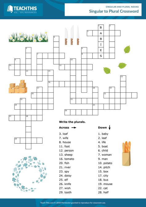 ESL Singular and Plural Nouns Activity - Reading, Writing and Spelling - Elementary (A1-A2) - 20 minutes In this free singular and plural nouns worksheet activity, students complete a crossword by changing singular nouns into plural nouns. Singular To Plural, Singular Plural Nouns, Plural Nouns Activities, Nouns Exercises, Plurals Worksheets, Plural Nouns Worksheet, Teaching Verbs, Singular Plural, Spelling Homework