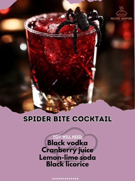 🕷️🍹 Get ready to be enchanted by the Spider Bite Cocktail! This spooky yet delicious drink is sure to please! Spider Bite Cocktail Ingredients: Black vodka (1.5 oz) Cranberry juice (2 oz) Lemon-lime soda (to top) Black licorice (for garnish) Edible glitter (optional) Instructions: In a glass, combine black vodka and cranberry juice over ice. Top with lemon-lime soda and stir gently. Garnish with a piece of black licorice and sprinkle edible glitter if desired. 🕷️✨ Embrace the Spider Bite ... Spider Cocktail, Vodka And Cranberry Juice, Black Vodka, Cranberry Juice And Vodka, Spider Bite, Drink Recipies, Spider Bites, Lemon Lime Soda, Lime Soda