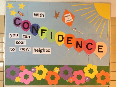 Confidence bulletin board Confidence Bulletin Board, Chart For Notice Board, Classroom Notice Board Ideas, Notice Board Decoration Ideas School, White Board Decoration Ideas, Kindergarten Syllabus, Notice Board Decoration, Soft Board Decoration, Elementary School Bulletin Boards