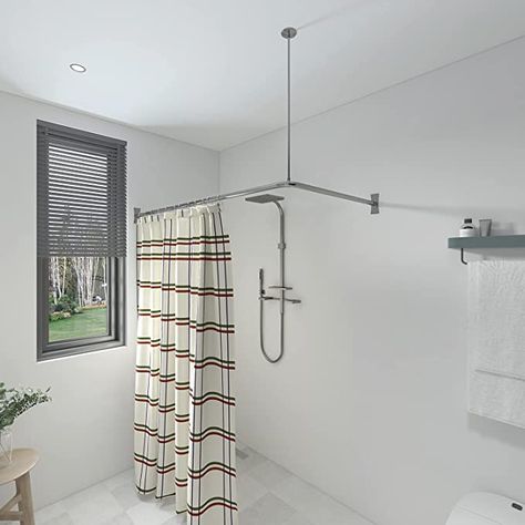 Amazon.com: Naiture Stainless Steel 36'' x 36'' Corner Shower Curtain Rod with Ceiling Support, Black Finish : Home & Kitchen Rounded Shower Curtain Rod, Shower Curtain Rod From Ceiling, Corner Shower With Curtain, Corner Curtain Rod Ideas, Ceiling Shower Curtain Rod, Bath Curtain Ideas, L Shaped Shower Curtain Rod, Round Shower Curtain Rod, Corner Shower Curtain