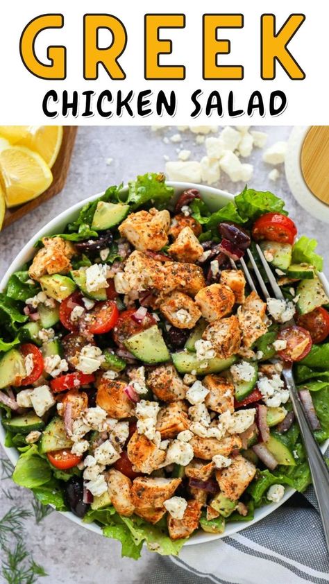 Greek Chicken Salad Meal Prep, Greek Salad With Grilled Chicken, Greek Chicken Salads, Greek Salad With Chicken Healthy Recipes, Mediterranean Grilled Chicken Salad, What To Serve With Greek Chicken, Greek Salad Dinner Ideas, Greek Avocado Chicken Salad, Protein Greek Salad