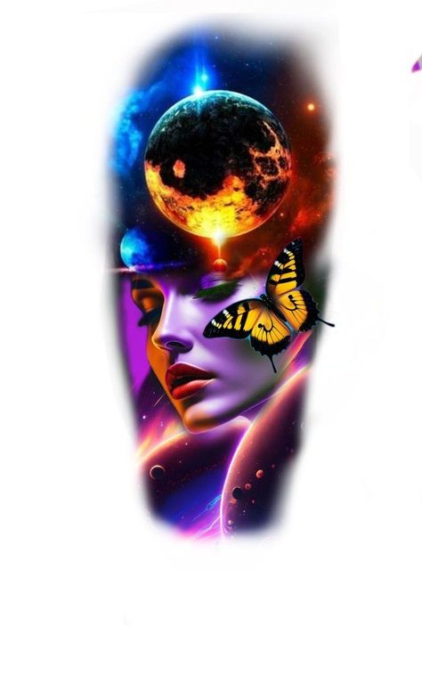 Colour Portrait Tattoo, Color Realism Tattoo Ideas, Full Color Tattoo Design, Colour Realism Tattoo, Galaxy Tattoo Design, Cool Space Tattoos, Space Tattoo Ideas, Watercolor Galaxy Tattoo, Bushido Tattoo