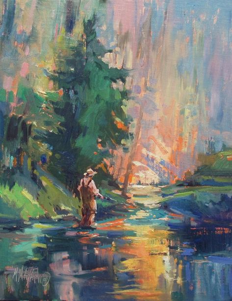 Trout Art Paintings, Trout Oil Painting, Fishing Scene Painting, Fly Fishing Art Painting, Man Fishing Painting, Fishing Watercolor Painting, Fishing Painting Ideas, Fishing Art Drawing, Basement Artwork