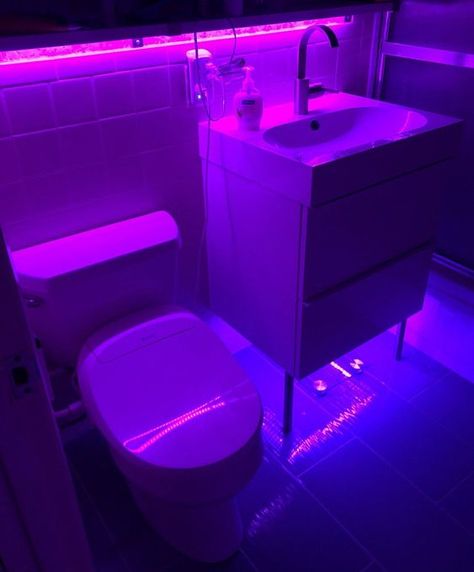 Neon Bathroom, Retro Aesthetic Room, Neon Bedroom, Led Lighting Bedroom, Neon Room, Aesthetic Bathroom, Room Upgrade, Led Strip Lights, Bathroom Inspiration Decor