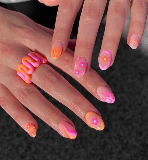 Groovy Pink Nails, Pink And Orange Nails Flowers, Pink And Orange Floral Nails, Fun Colourful Nails, Fun Summer Almond Nails, Pink And Orange Flower Nails, Jewellery Tiktok, Lesbian Nails, Orange And Pink Nails