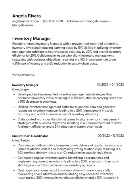 Examine Inventory Manager resume examples to showcase your supply chain expertise, inventory control skills, and ability to optimize stock levels, helping your application impress hiring managers in retail, manufacturing, and logistics companies. Learn what essential inventory management and analytical skills to include on an Inventory Manager resume to highlight your ability to streamline operations. | inventory manager resume, supply chain specialist resume, warehouse operations manager resume Manager Resume Examples, Supply Chain Process, Resume Guide, Inventory Control, Operations Manager, Analytical Skills, Inventory Management Software, Resume Summary, Create A Resume