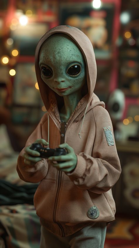 Intergalactic Gamer: An Alien's Arcade Adventure Alien Astronaut, Alien Original Character, Alien Abduction Photography, Aliens And Astronauts, Alien Meme, Gaming Hoodie, Alien Artwork, Humanoid Creatures, Cute Alien