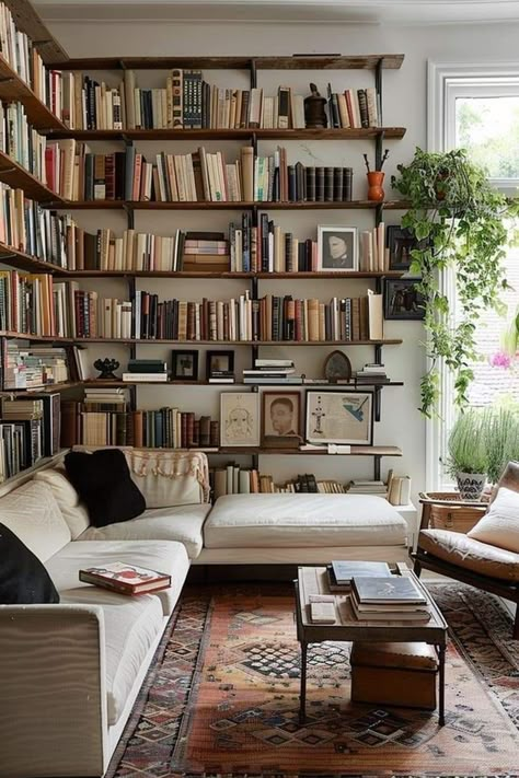 Books In The Living Room, Apartment Bookcase Ideas, Inspired Modern Living Room, Library Shelves Design, Library Wall In Living Room, Library In Living Room, At Home Library Ideas, Wall Shelves Books, Book Shelves In Living Room