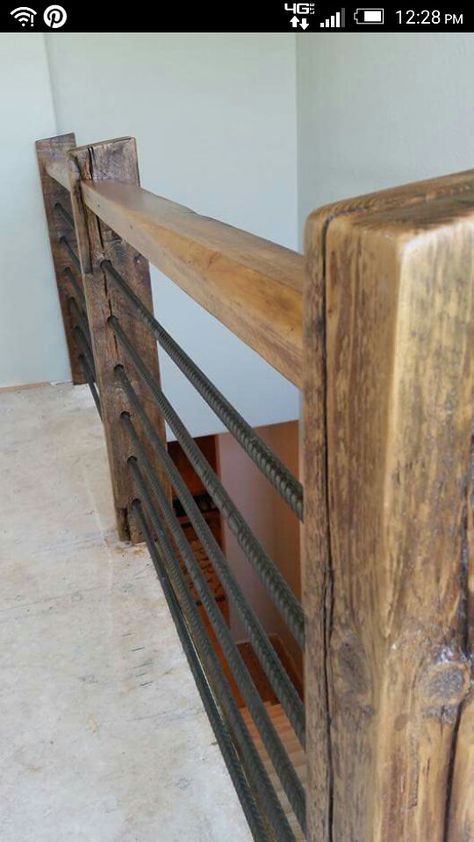 Wooden Guardrail, Metal Handrails For Stairs Farmhouse, Indoor Balcony Railing Design, Diy Railing For Loft, Rustic Staircase Railing, Attic Staircase Railing, Loft Handrail Ideas, Cabin Stair Railing, Loft Railings Balconies