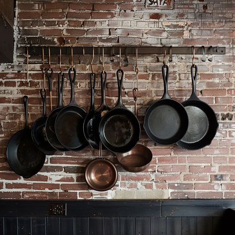 Hanging Pots Display: A variety of cast iron skillets and copper pots neatly displayed on a rustic brick wall. #kitchen #rustic #pots #pans #hanging #aiart #aiphoto #stockcake ⬇️ Download and 📝 Prompt 👉 https://ayr.app/l/226J Cast Iron Skillet Kitchen Display, Pot And Pan Display Ideas, Pots Hanging On Wall, Hanging Kitchen Pots, Display Cast Iron Skillets, Cast Iron Pan Wall Display, Pot Hanging Ideas Kitchen, Hanging Cast Iron Pans The Wall, Over The Stove Ideas