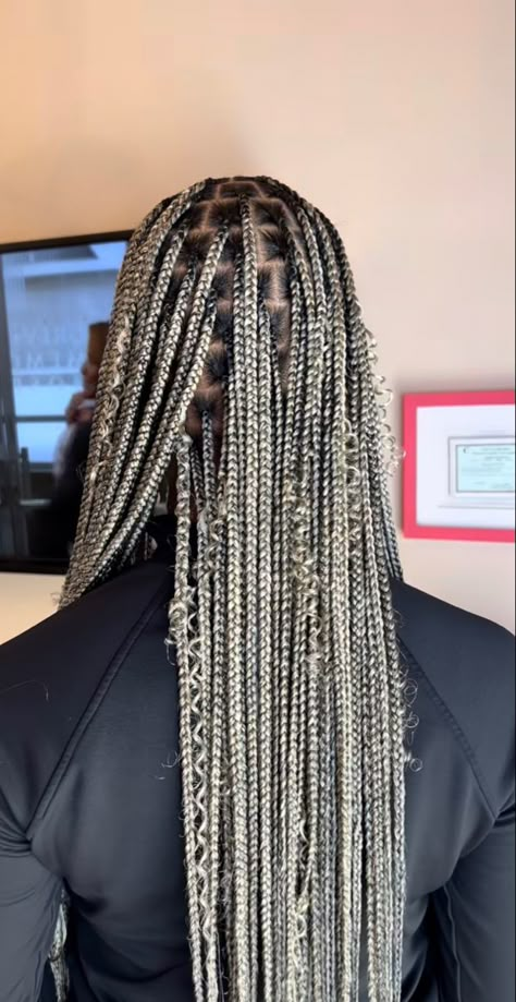 Grey Goddess Braids, Black And White Goddess Braids, Grey Knotless Box Braids, Silver Knotless Braids, Black And Grey Braids, Ash Blonde Knotless Braids, Grey Knotless Braids, Silver Box Braids, Ash Blonde Braids