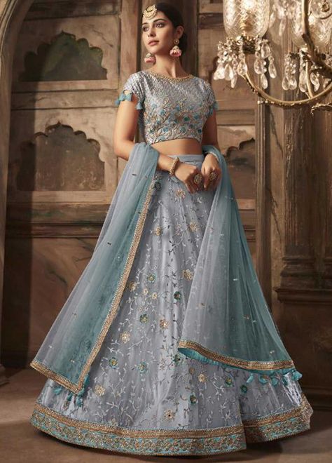 Grey Lehenga Color Combos, Contrast Lehenga Color Combos, Lehenga Color Combos, Contrast Lehenga, Gray Lehenga, Grey Lehenga, Net Lehenga Choli, Desi Outfits, Full Sleeve Blouse