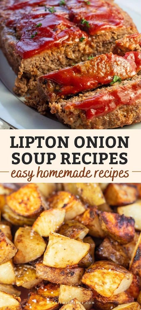 These Lipton onion soup mix recipes include classic recipes, slow-cooked crockpot dishes, and quick 30-minute meals for busy weeknights! It's a great way to add incredible flavor to a recipe in a flash. If you've got a packet of onion soup mix lying around, you can turn it into so many delicious things! BakeItWithLove.com #lipton #soup #recipes #dinner #onions Recipes Using Lipton Onion Soup, Onion Soup Packet Recipes, French Onion Soup Mix Recipe Dinners, Beef Stew With Lipton Onion Soup, French Onion Soup Packet Recipes, Lipton Onion Soup Gravy Recipe, Lipton Onion Soup Meatballs, Lipton Onion Soup Chicken, French Onion Soup Mix Recipe