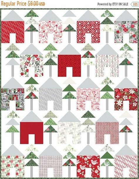 Brighten up the winter chill with this fun quilt designed by Kate Spain. This quilt uses a layer cake and some yardage. The finished quilt measures 56 x 68.75. Due to copyright law, PATTERNS MAY NOT BE RETURNED. To shop for fabric and quilted items, please visit my shop at: Houses Quilt Pattern, Houses Quilt, Modern Christmas Quilt, House Quilt Block, House Quilt Patterns, Christmas Tree Quilt, Christmas Quilt Patterns, Quilt Sewing Patterns, Quilt Care