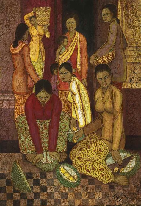 chuah thean teng | CHUAH THEAN TENG (Malaysian, 1914-2008) , Eating Durian | Christie's Malaysia Culture Illustration, Malay Culture, Malaysia Art, Malaysian Culture, Malaysian Art, Pictorial Design, Bali Painting, Greek Goddess Art, Kampar