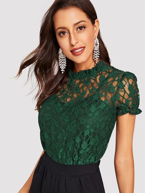 Frill Trim Guipure Lace Overlay Top -SHEIN(SHEINSIDE) Guipure Lace Top, Classy Blouses, Overlay Top, Spring Blouses, Fall Blouse, Lace Overlay, Shein Style, 60s Fashion, 80s Fashion