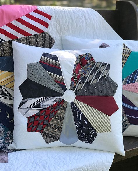 Use Neckties to Make a Memory Pillow - Quilting Digest Tie Memory Pillow, Tie Keepsake Ideas, Memory Tie Pillow, Memorial Ideas Using Clothing, Sewing Projects Using Old Ties, Crafts With Ties Simple, Pillow Made From Ties, Diy Tie Pillow, Quilt Made From Ties