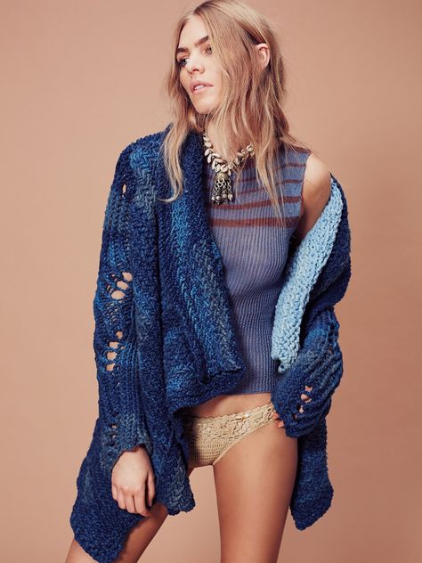 Seawater Jacket | Limited edition sweater jacket crafted from a mix of hand dyed indigo yarns in various gauges and spins. This artisan design has waterfall front and high low hem and is featured in a chunky knit. Cozy Womens Sweaters, Free People Cardigan, Linen Sweater, Womens Sweaters, Cardigan Sweater Jacket, Hand Knitted Sweaters, Blue Cardigan, Free People Sweaters, Artisan Design