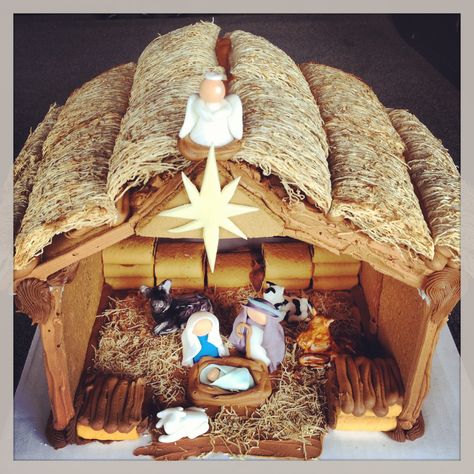 Gingerbread Nativity Scene-like shredded wheat straw Gingerbread House Nativity, Gingerbread Scenes, Nativity Gingerbread, Gingerbread Scene, Gingerbread Nativity, Homemade Gingerbread House, Gingerbread House Ideas, Gingerbread Ideas, Fig Newtons