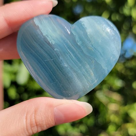 As Known As Blue Onyx On The Market, This Material Is Actually Blue Banded Calcite. A Transparent Heart With Lots Of Bandings And A Nice Saturation Of Blue. Transparent Heart, Blue Onyx, Onyx, Blue White, Color Blue, Blue And White, Blue, White, Color