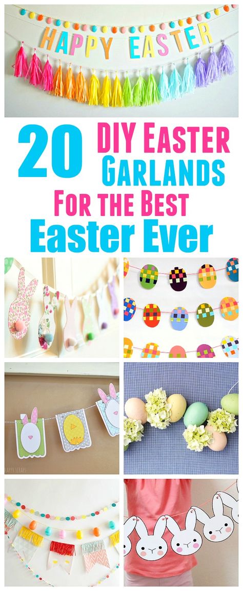 20 Festive DIY Easter Garlands and Banners- You can decorate your home for Easter the frugal way by making one of these DIY Easter garlands and banners! There are many different kinds to choose from. and they're all so easy to make! | Easter decorations, printable decor, rabbit, bunny, eggs, seasonal decor, #DIY #craft #spring #Easter Easter Garland Diy, Easter Garlands, Doodle Faces, Easter Banners, Decorating For Easter, Decorating For Spring, Frugal Decor, Spring Craft Ideas, Diy Easter Decor